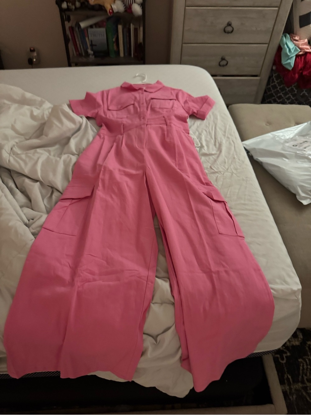 Pink Short-Sleeve Wide-Leg Cargo Jumpsuit